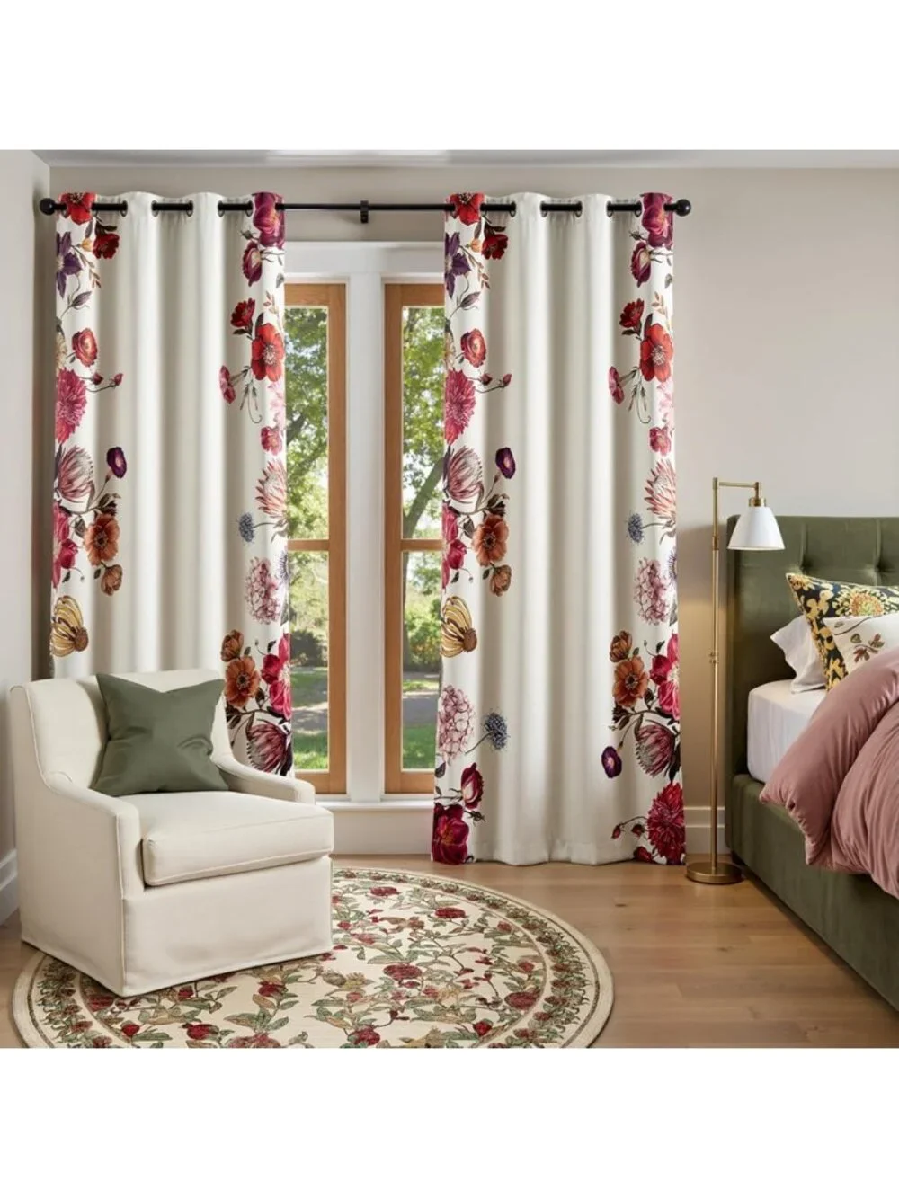 Vintage Floral Blackout Curtains - Light Filtering Drapes, Retro Flower Print